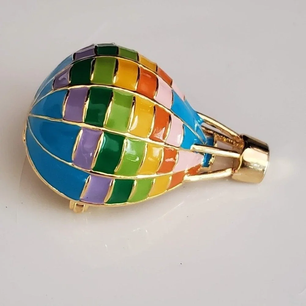 Vintage 2000 BS&CO Rainbow Enamel Hot Air Balloon Brooch Gold Tone Pin